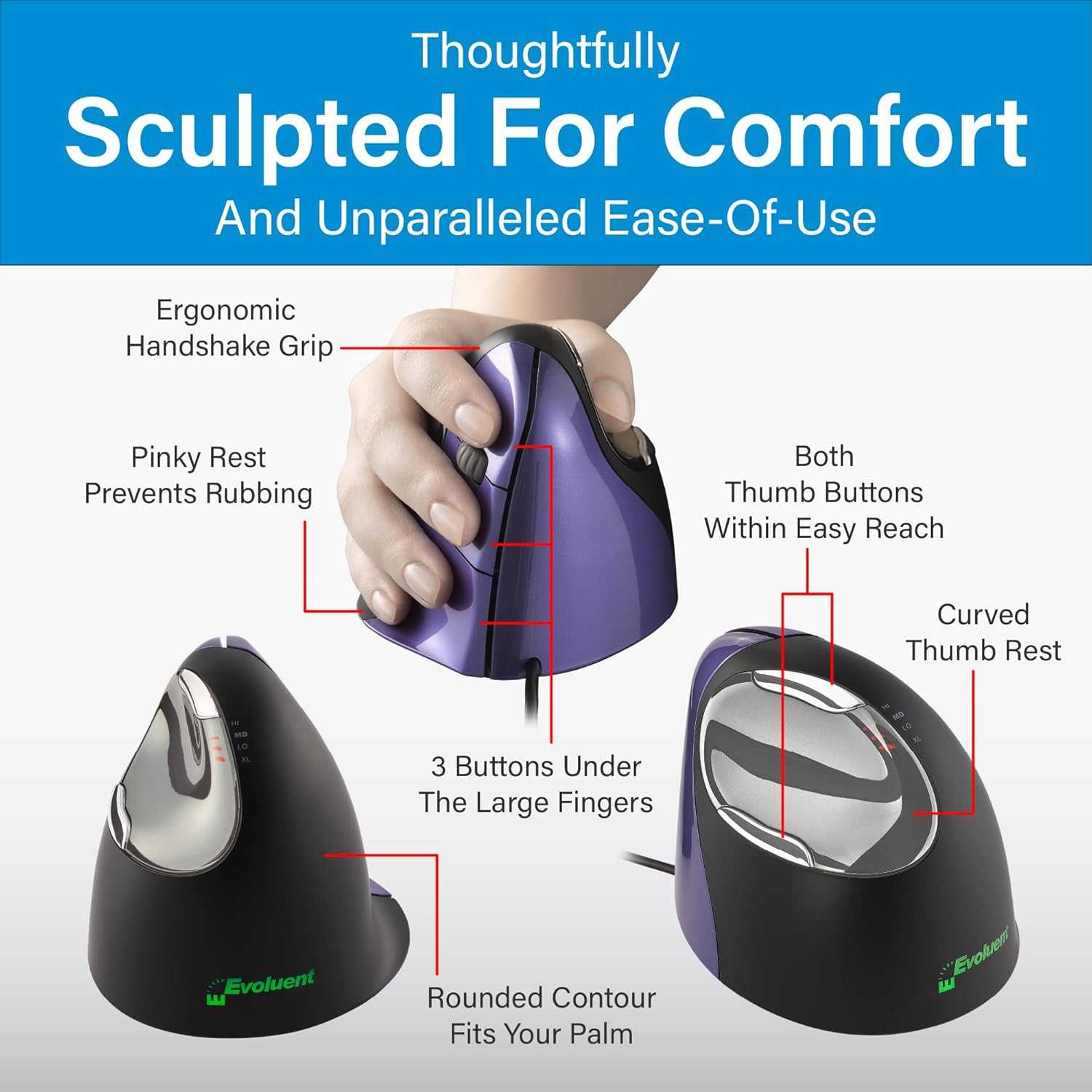Evoluent VerticalMouse 4 Small VM4S USB con botones configurables vista 3