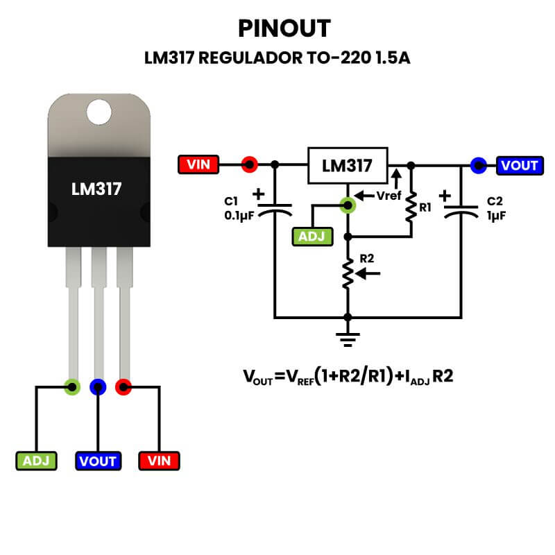 Regulador de Voltaje Ajustable LM317T 1.25–37 V 1.5 A TO-220 vista 2